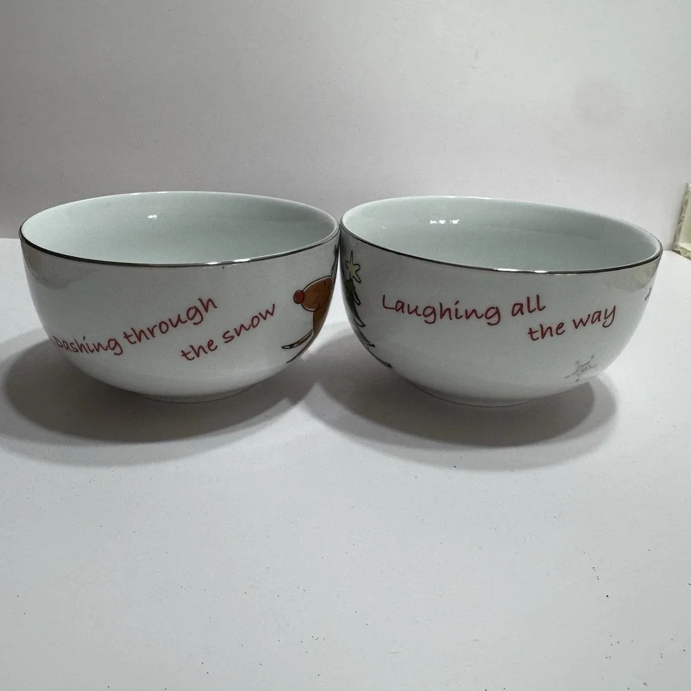 Studio JCPenny Bowls Jingle Santa's Christmas Bowls Set of 2 Dashing Throw Snow